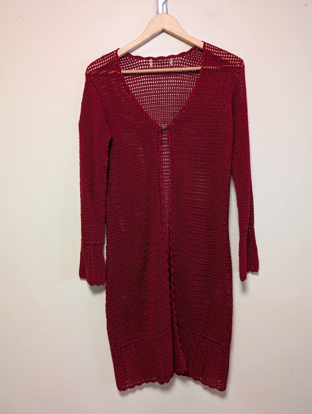 Burgundy Crochet Duster Cardigan Long Open Knit Bell Sleeve Boho